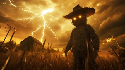 Scarecrow in field under dramatic lightning storm with atmospheric lighting - Powered by Adobe