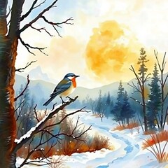 Watercolor winter scene with a bird on a snowy branch, warm sunlight and mountain forest in the distance, AI generated painting