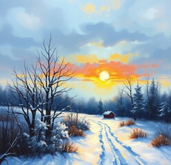 Beautiful snowy winter landscape with sunset sky and footprints leading through snow-covered trees, AI generated digital painting.