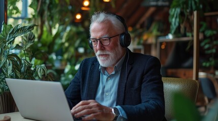 Mature man working with laptop in cafe