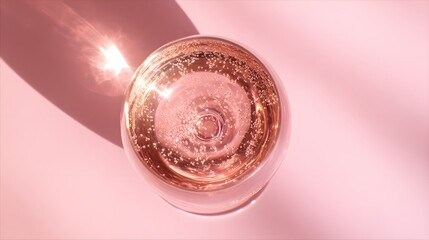 brut. Glass of rose sparkling wine on a pastel pink background, captured from above with soft shadows and studio lighting. bar promotions.