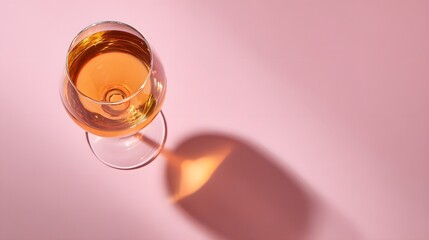 brut. Glass of rose sparkling wine on a pastel pink background, captured from above with soft shadows and studio lighting. bar promotions.