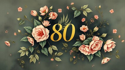 Elegant floral chalk-style painting with golden number 80 surrounded by blooming flowers and vines, perfect for anniversaries, 