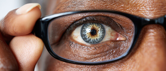 An older dark-skinned woman gazes through her black-framed glasses, showcasing her striking iris