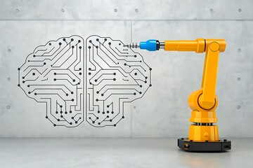 Industrial robotic arm creating brain shaped circuit symbolizing artificial intelligence and automation
