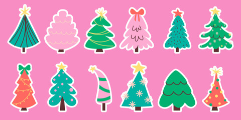 Christmas tree sticker set with festive pink holiday decorations
