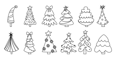 Outline christmas trees set with festive stars bows and decorations
