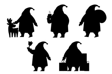 Black silhouette santa claus set with reindeer gifts and holiday bell
