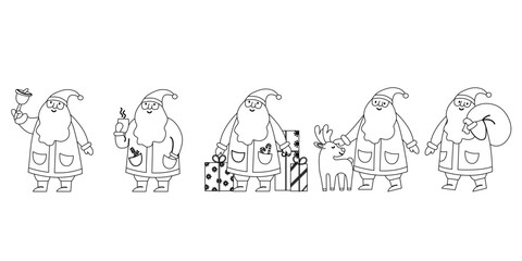 Outline santa claus christmas set with reindeer gifts and festive decorations