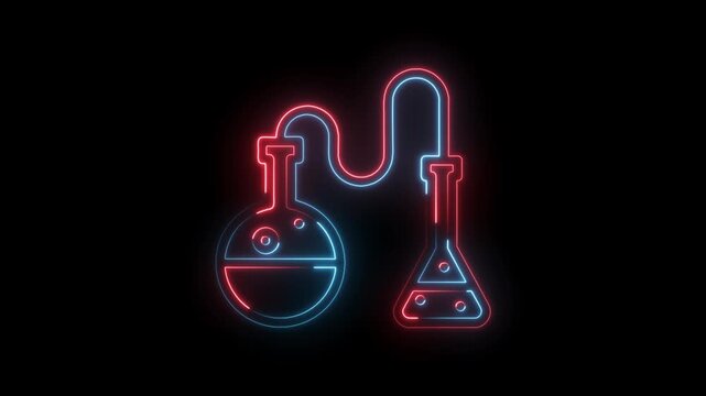 Neon laboratory glassware connecting illustration with red and blue lights on black background