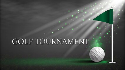 Golf tournament banner with glowing green flag and ball under spotlight for competition event 