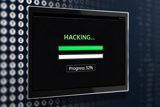 Computer screen showing hacking progress bar with digital binary background representing cyber attack
