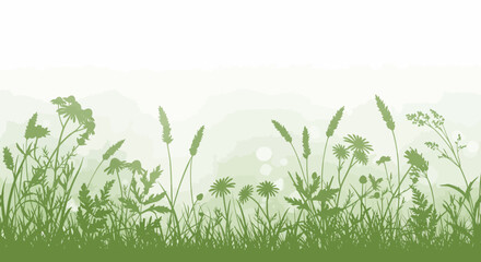 Green field landscape with grass and wild flowers silhouette on white background