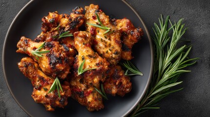 Succulent chicken wings sit on a dark plate, marinated to perfection with robust spices and fresh herbs. Ideal for sharing or enjoying as a tasty treat anytime, they promise bold flavors