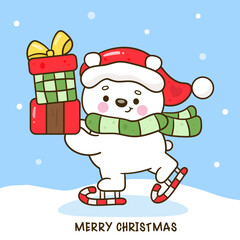 cute polar bear playing skate delivery gift christmas animal kawaii cartoon winter season

