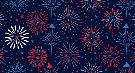 Patriotic Celebration: Red, White, and Blue Fireworks Seamless Vector Pattern