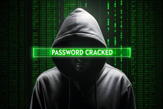 Cyber hacker in hoodie with password cracked text and digital binary code background representing data breach
