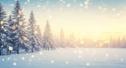 Serene winter landscape with snow-covered trees and soft bokeh lights