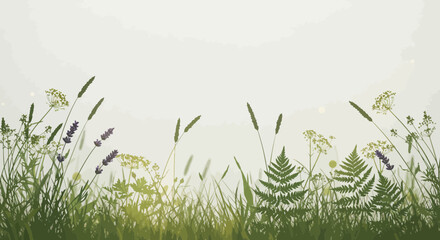 Silhouette of meadow herbs and grass, floral background with copy space above