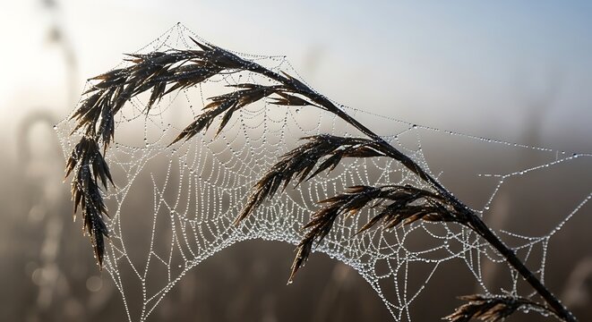Dew Covered Spiderweb on Wild Grass Seed Head in Morning Fog