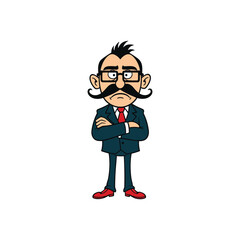 Serious cartoon man with mustache and glasses in teal suit vector illustration for business character design editorial content or personality themed artwork