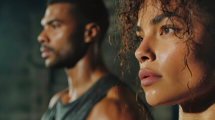 Mixed race couple engaged in intense kettlebell workout at gym