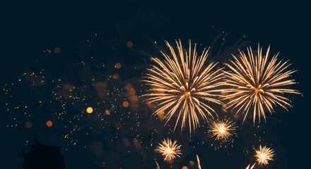 Spectacular golden fireworks illuminate the night sky with vibrant bursts