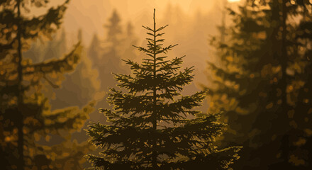 Sunlit evergreen tree stands tall in a misty forest at golden hour light