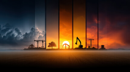 Fototapeta premium Construction site silhouette with crane and excavator at sunset, dramatic sky with clouds and warm glowing horizon
