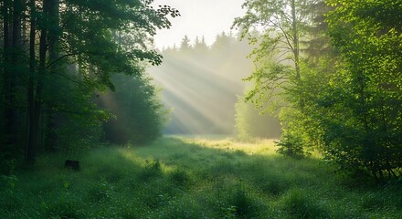 Obraz premium Sunbeams pierce through the mist and forest canopy, illuminating a dewy, vibrant green meadow in the early morning, creating an ethereal and peaceful woodland scene.