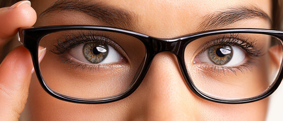 Close-up of a woman's expressive eyes behind glasses, showcasing detail and personality on a clean white background