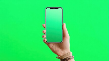 A hand holding a modern smartphone with a green screen against a vibrant green backdrop