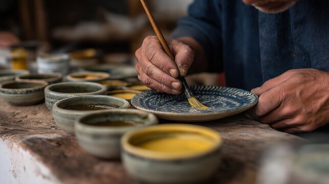 Artisan hand painting ceramic dish - Powered by Adobe