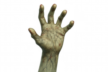 Zombie hand reaching out, undead monster arm grabbing, scary creepy horror halloween concept with transparent background