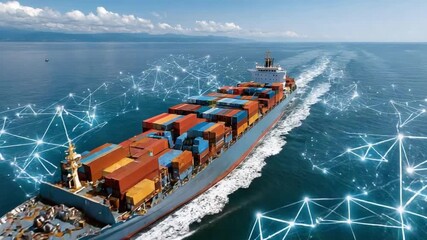 Navigating Global Trade: A modern cargo ship cuts through the ocean, carrying containers across the sea. Digital connections overlay the scene, symbolizing the network of trade and transport.  - Powered by Adobe