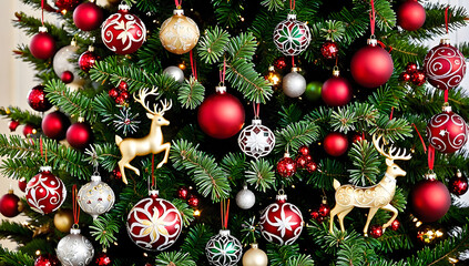 Festive Christmas Tree Decorated with Red and Gold Ornaments and Reindeer Figures