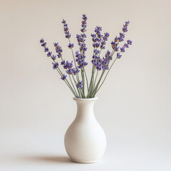 Lavender bouquet in a simple white vase.