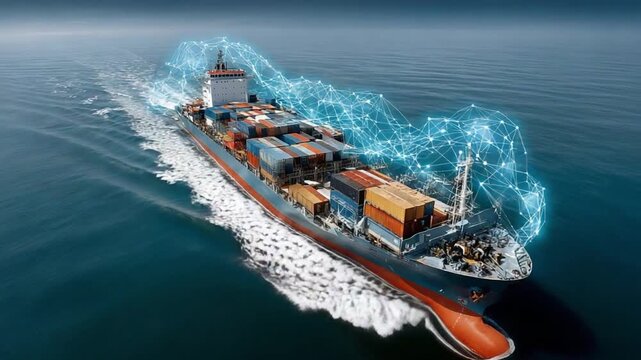 Smart Logistics: A dynamic cargo ship sails across the vast ocean, digitally enhanced to represent the sophisticated network and real-time data, symbolizing the future of smart logistics.