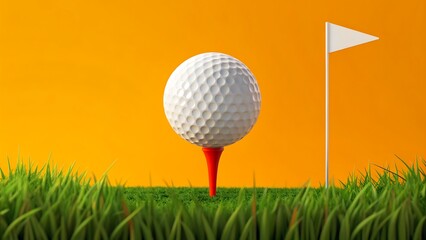 Obraz premium Golf ball on tee with flag on grass and orange background 