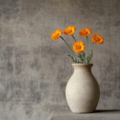 Vase with bright orange flowers on table.