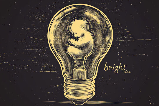 Baby inside lightbulb, symbolizing bright idea new beginnings. Artistic illustration depicts baby inside lightbulb, representing concept of bright idea creativity, anticipation of new life motherhood