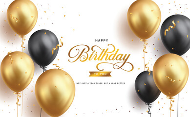 Birthday greeting vector design. Happy birthday greeting text with elegant floating gold and black balloons for birth day celebration background. Vector illustration elegant banner design.