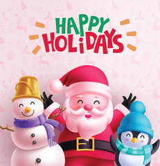 Christmas Santa Claus characters vector poster design. Happy holidays greeting text with cute Santa Claus, snow man and penguin characters in pattern background. Vector illustration holiday season