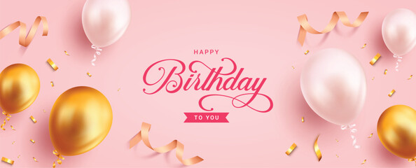 Obraz na płótnie Canvas Birthday greeting vector banner design. Happy birthday greeting text with metallic gold white balloons and confetti elements in pink background for birthday party celebration. Vector illustration