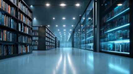 Modern library interior with bookshelves and digital data servers, illuminated by futuristic blue lighting. A sleek, reflective floor enhances the high tech atmosphere of the space