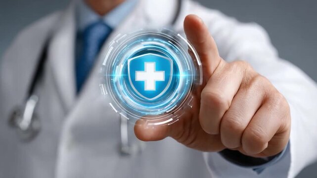 Healthcare Innovation: A healthcare professional, clad in a white coat, interacts with a glowing medical icon, symbolizing advancements in health and wellbeing.