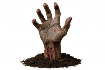 Zombie hand reaching out from earth, a creepy and scary undead monster rising from grave for halloween concept
