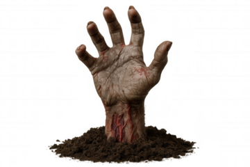 Zombie hand reaching out from earth, a creepy and scary undead monster rising from grave for halloween concept