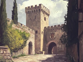 Ancient stone gateway, medieval town