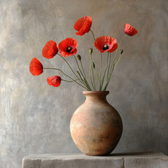 Vibrant poppy flowers in a rustic vase.